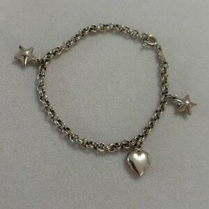 925 Sterling Silver Rolo Chain Star & Heart Dangly Charm Bracelet 7.75”